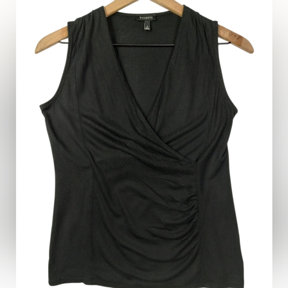 Talbots Black Sleeveless Wrap Ruch Top Size Small 18in Pit to Pit 23in in length